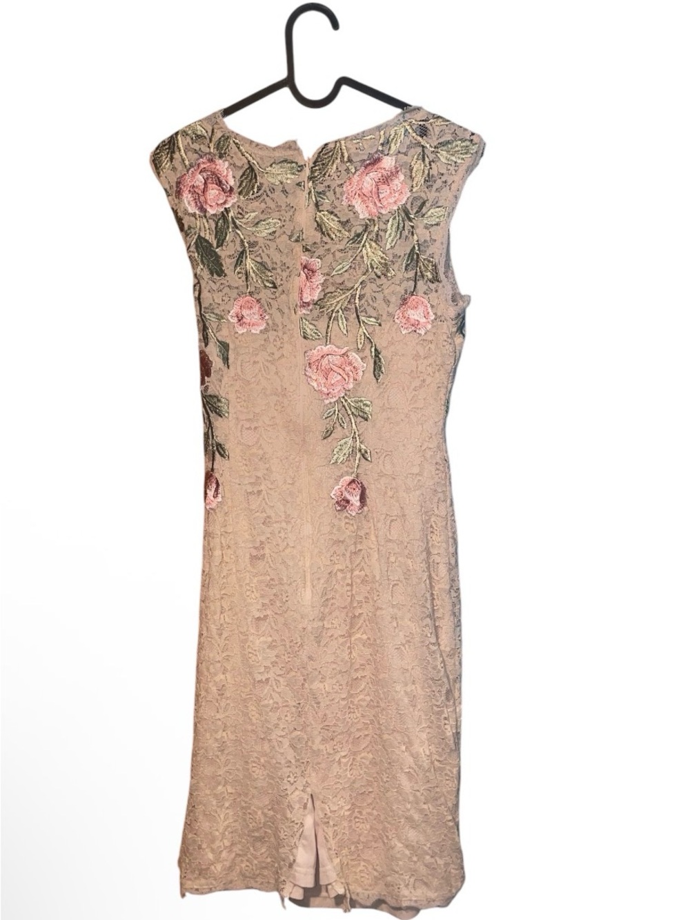Adrianna Papell Beige Lace Midi Dress with Pink Rose Embroidery - Picture 2 of 5